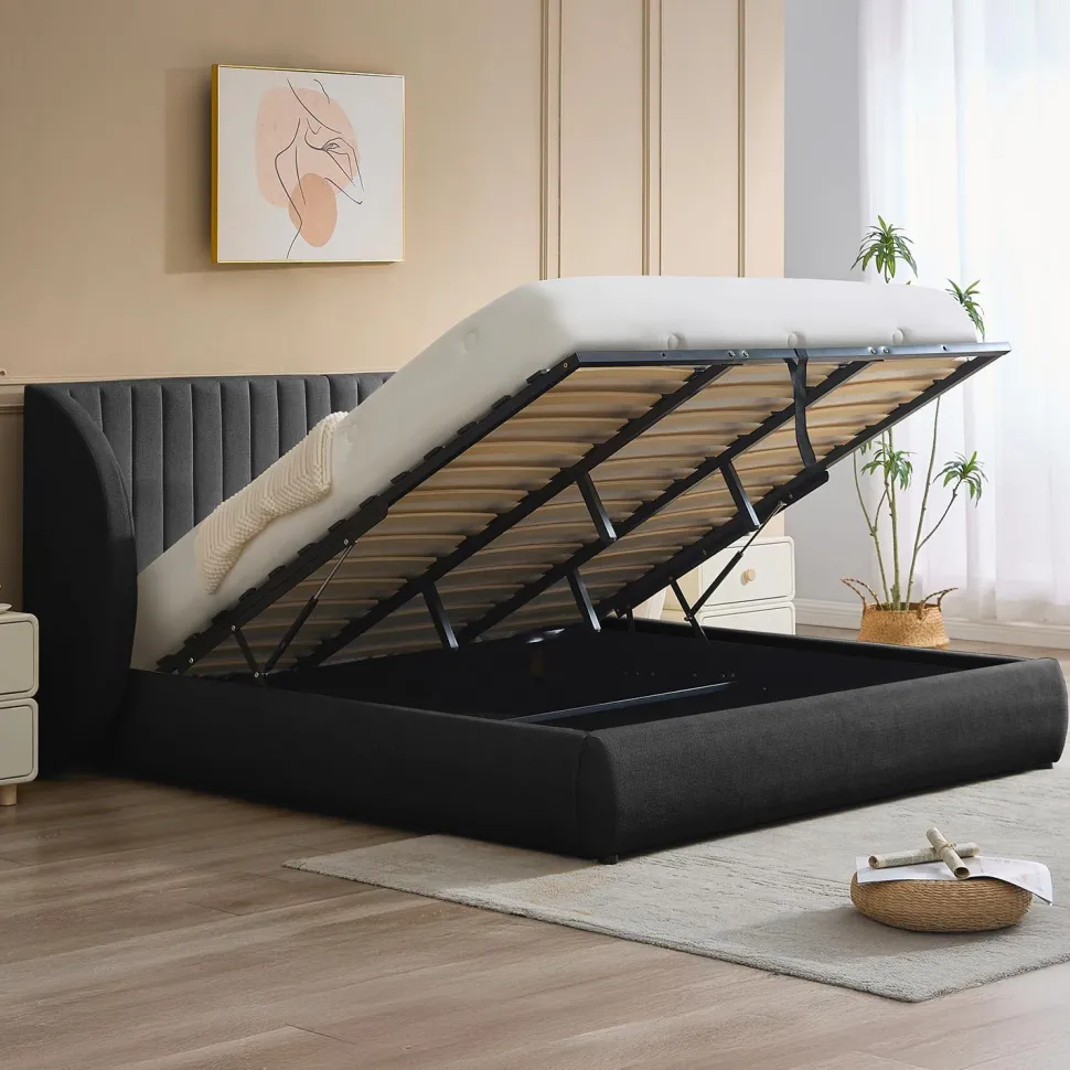 Lit-coffre complet avec tête de lit modulable Cocon 180x200cm Tissu Gris foncé