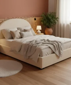 Lit-coffre complet avec tête de lit arrondie Bowiz 140x190cm Tissu bouclette Beige