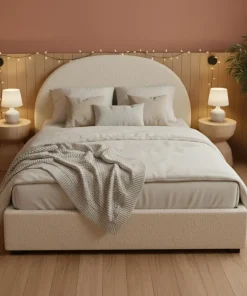 Lit-coffre complet avec tête de lit arrondie Bowiz 140x190cm Tissu bouclette Beige