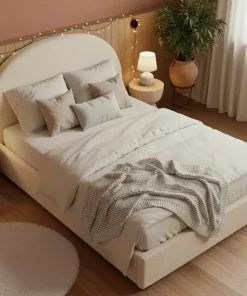 Lit-coffre complet avec tête de lit arrondie Bowiz 140x190cm Tissu bouclette Beige