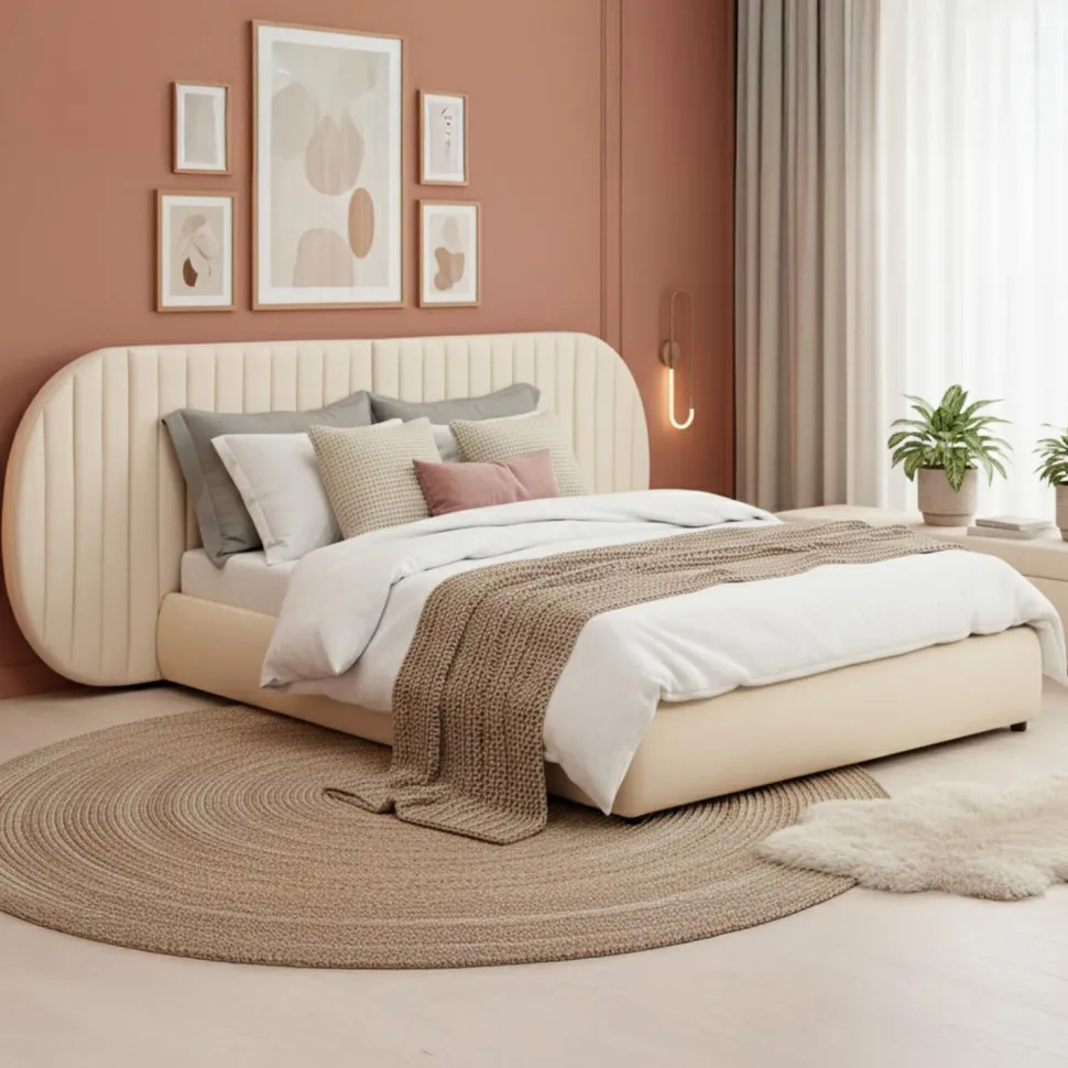 Lit-coffre complet avec tête de lit modulable Cocon 160x200cm Tissu Beige