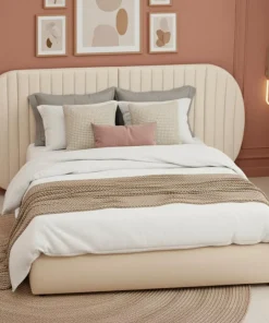 Lit-coffre complet avec tête de lit modulable Cocon 160x200cm Tissu Beige