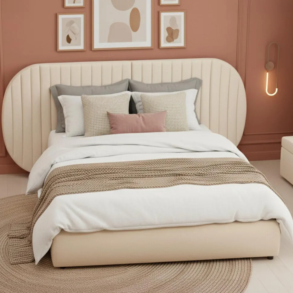 Lit-coffre complet avec tête de lit modulable Cocon 160x200cm Tissu Beige
