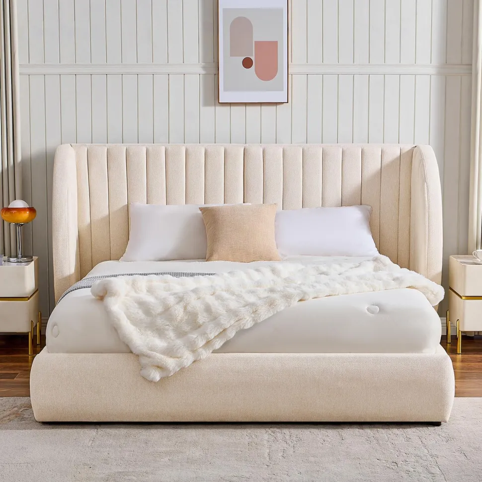 Lit-coffre complet avec tête de lit modulable Cocon 160x200cm Tissu Beige