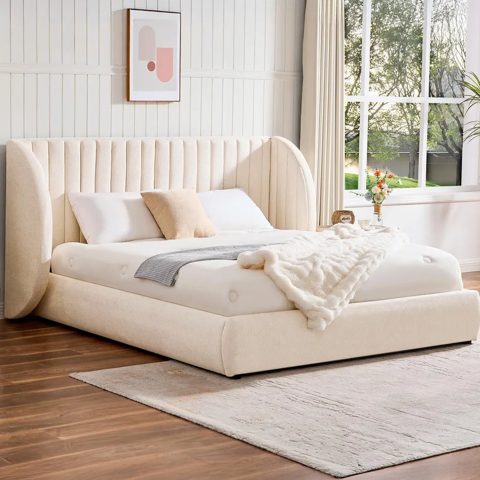 Lit-coffre complet avec tête de lit modulable Cocon 160x200cm Tissu Beige
