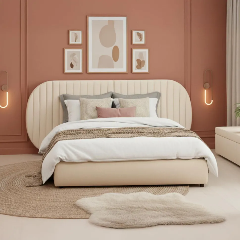 Lit-coffre complet avec tête de lit modulable Cocon 160x200cm Tissu Beige