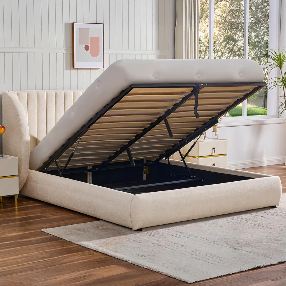 Lit-coffre complet avec tête de lit modulable Cocon 160x200cm Tissu Beige