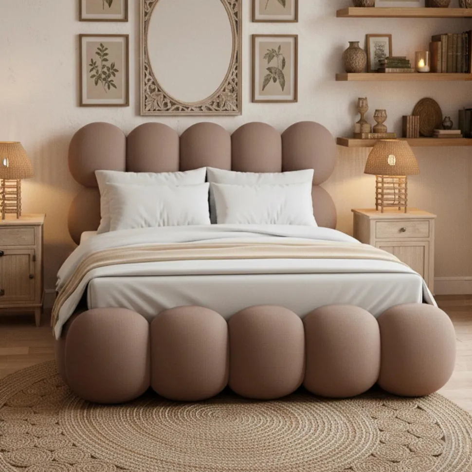 Lit-coffre design boule Bilbola avec sommier relevable 140x190cm Velours Taupe