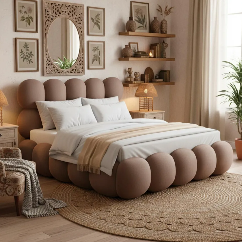 Lit-coffre design boule Bilbola avec sommier relevable 140x190cm Velours Taupe