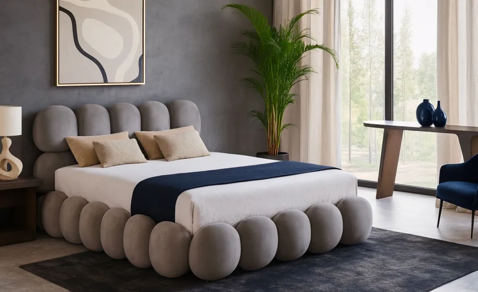 Lit-coffre design boule Bilbola avec sommier relevable 140x190cm Velours Gris