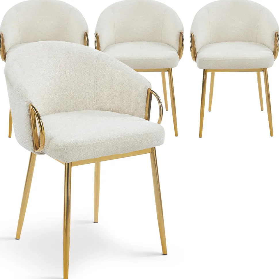 Lot de 4 chaises arrondies et matelassées Patricia Métal doré et Tissu Beige
