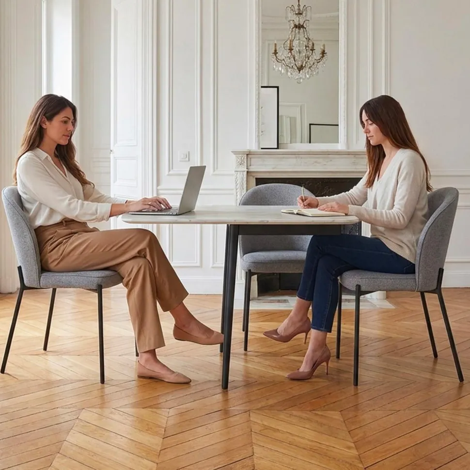 Lot de 2 chaises arrondies et matelassées Isabeau Métal Noir et Tissu Gris