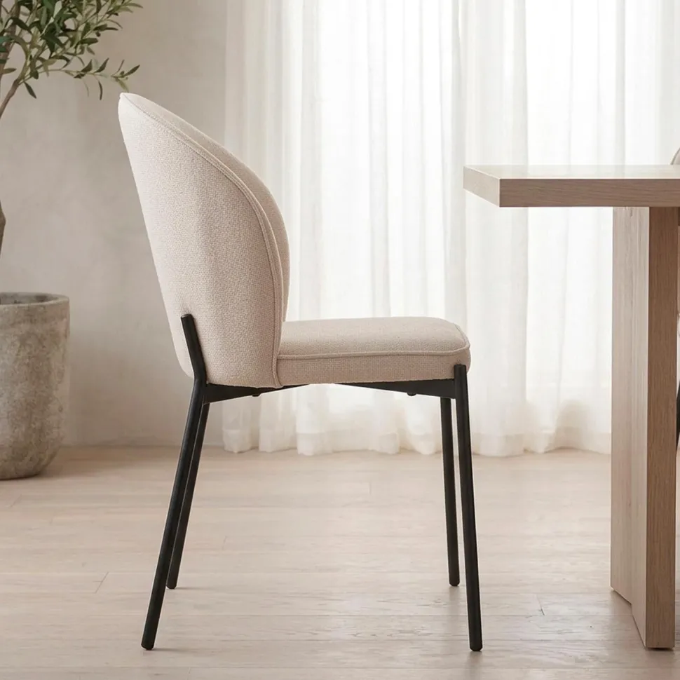 Lot de 2 chaises arrondies et matelassées Isabeau Métal Noir et Tissu Beige