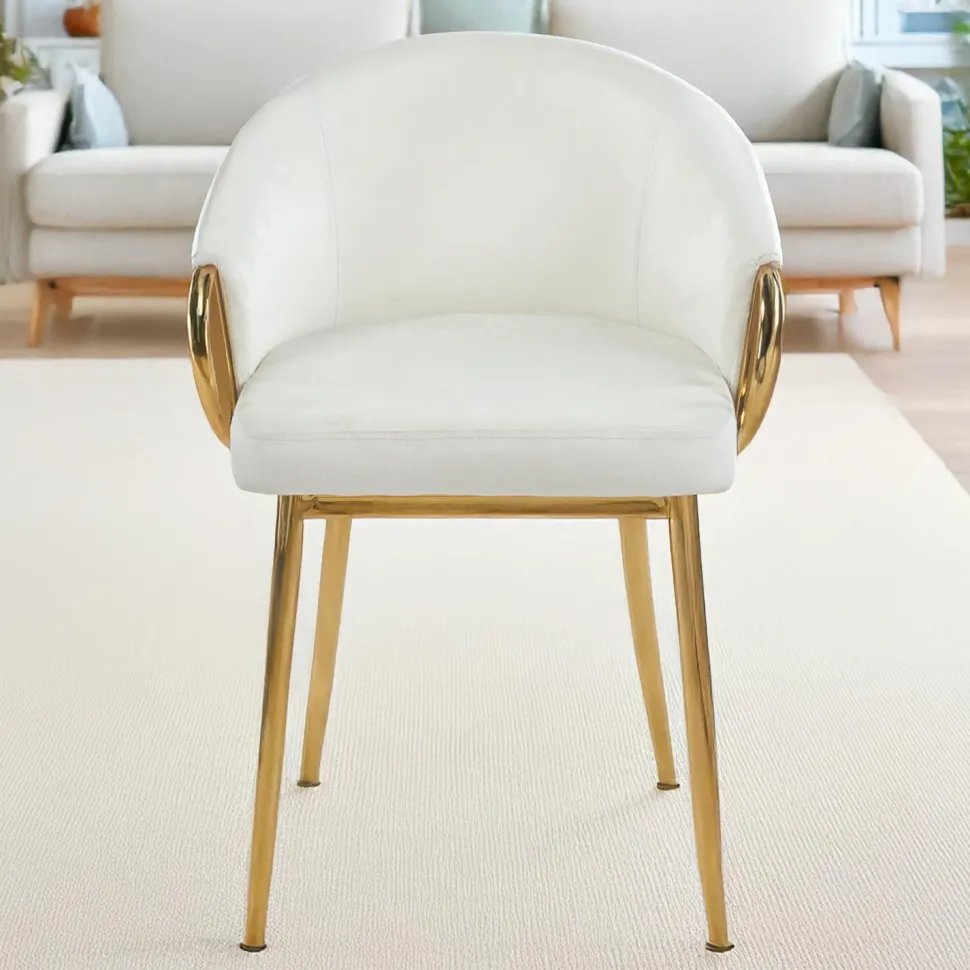 Lot de 6 chaises arrondies et matelassées Patricia Métal doré et Velours Crème