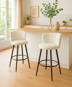 Lot de 2 chaises de bar au dossier incurvé Philippa Tissu bouclette Crème