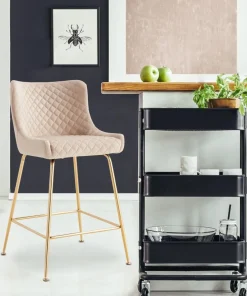 Lot de 2 chaises de bar Bellamy Velours Beige pieds Or
