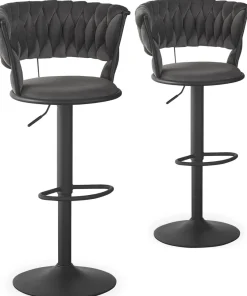 Lot de 2 chaises de bar dossier arrondi style maillage Xenox Velours Gris et Métal Noir