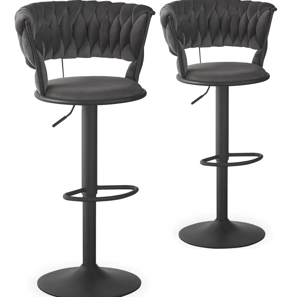 Lot de 2 chaises de bar dossier arrondi style maillage Xenox Velours Gris et Métal Noir