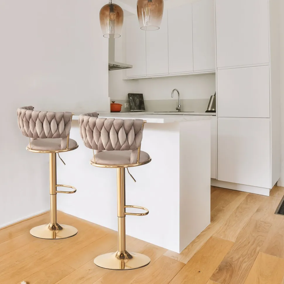 Lot de 2 chaises de bar dossier arrondi style maillage Xenox Velours Taupe et Métal Or