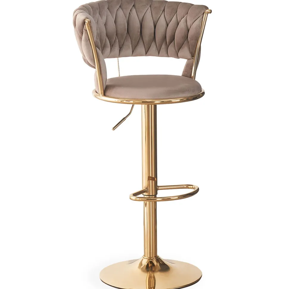 Lot de 2 chaises de bar dossier arrondi style maillage Xenox Velours Taupe et Métal Or