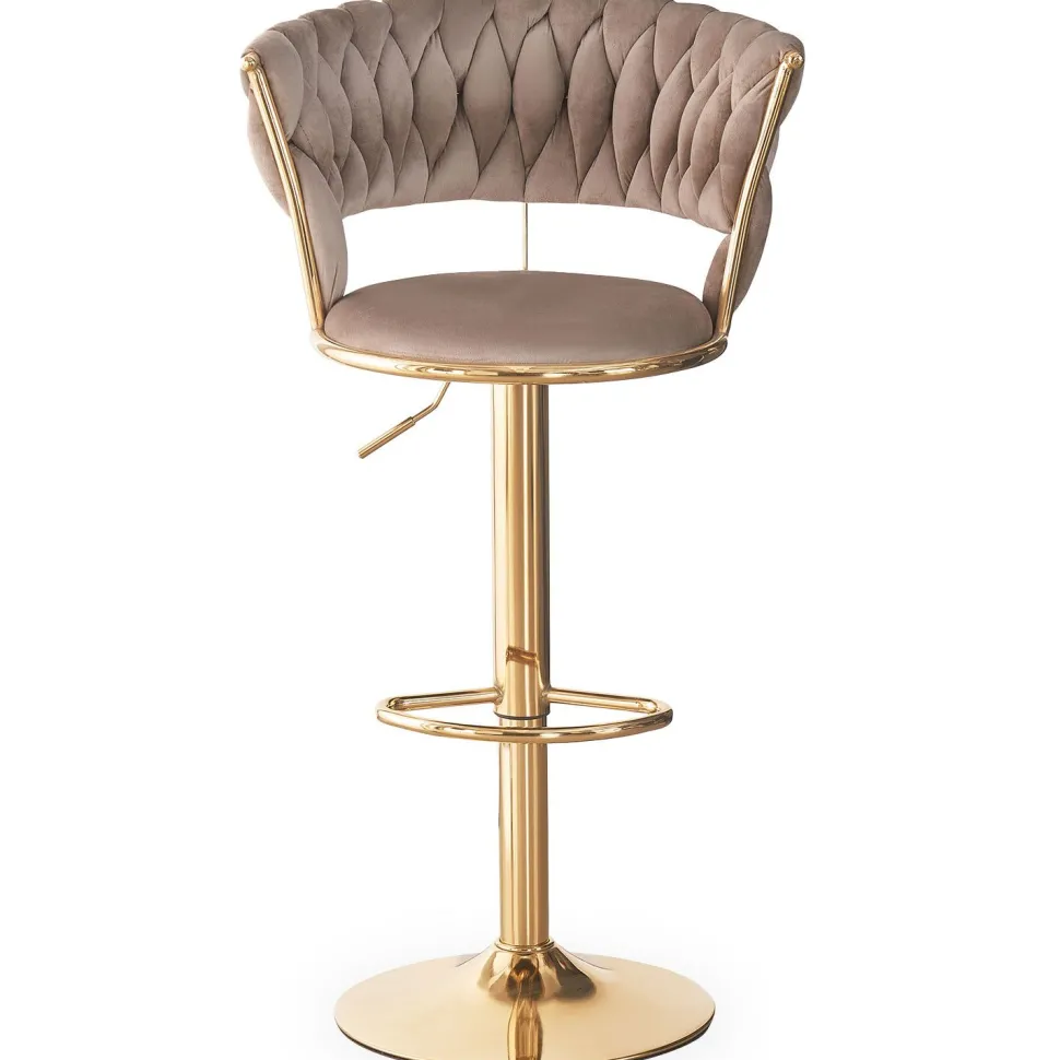Lot de 2 chaises de bar dossier arrondi style maillage Xenox Velours Taupe et Métal Or