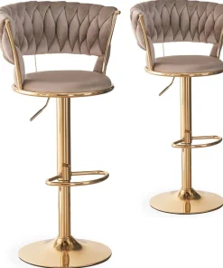 Lot de 2 chaises de bar dossier arrondi style maillage Xenox Velours Taupe et Métal Or