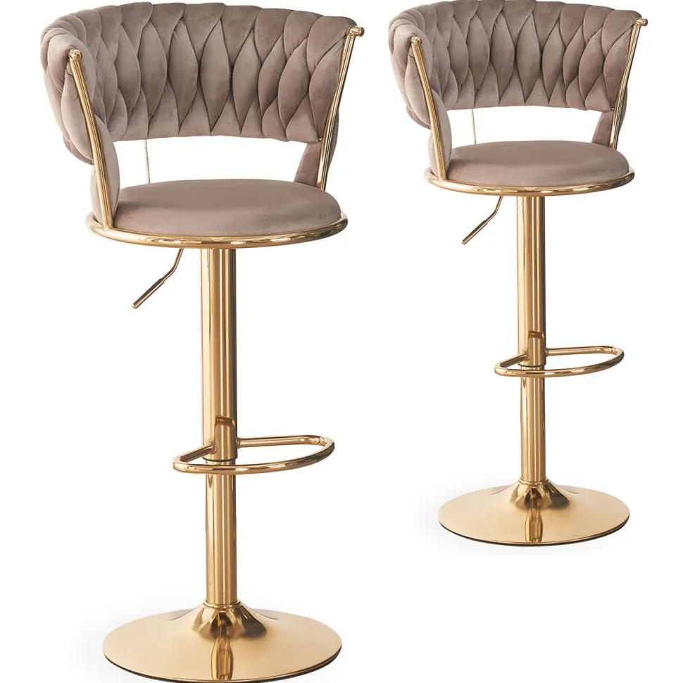 Lot de 2 chaises de bar dossier arrondi style maillage Xenox Velours Taupe et Métal Or