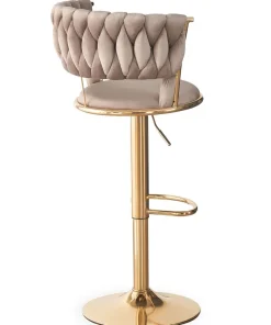 Lot de 2 chaises de bar dossier arrondi style maillage Xenox Velours Taupe et Métal Or