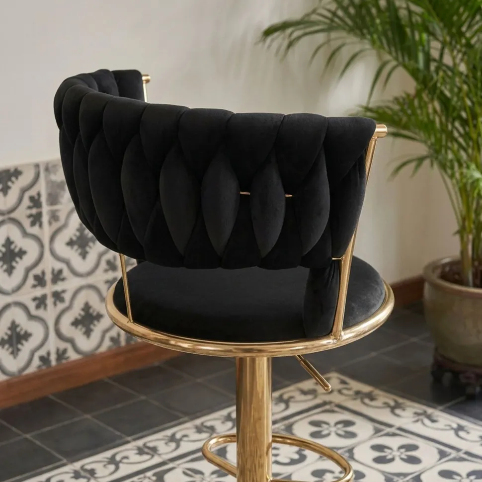 Lot de 2 chaises de bar dossier arrondi style maillage Xenox Velours Noir et Métal Or