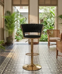 Lot de 2 chaises de bar dossier arrondi style maillage Xenox Velours Noir et Métal Or