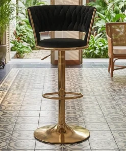 Lot de 2 chaises de bar dossier arrondi style maillage Xenox Velours Noir et Métal Or