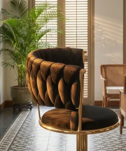 Lot de 2 chaises de bar dossier arrondi style maillage Xenox Velours Noir et Métal Or