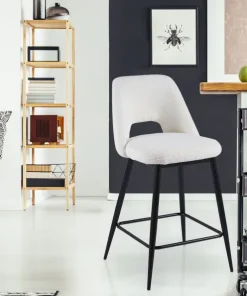 Lot de 2 chaises de bar Ecuador Métal Noir et Tissu bouclette Crème