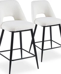 Lot de 2 chaises de bar Ecuador Métal Noir et Tissu bouclette Crème