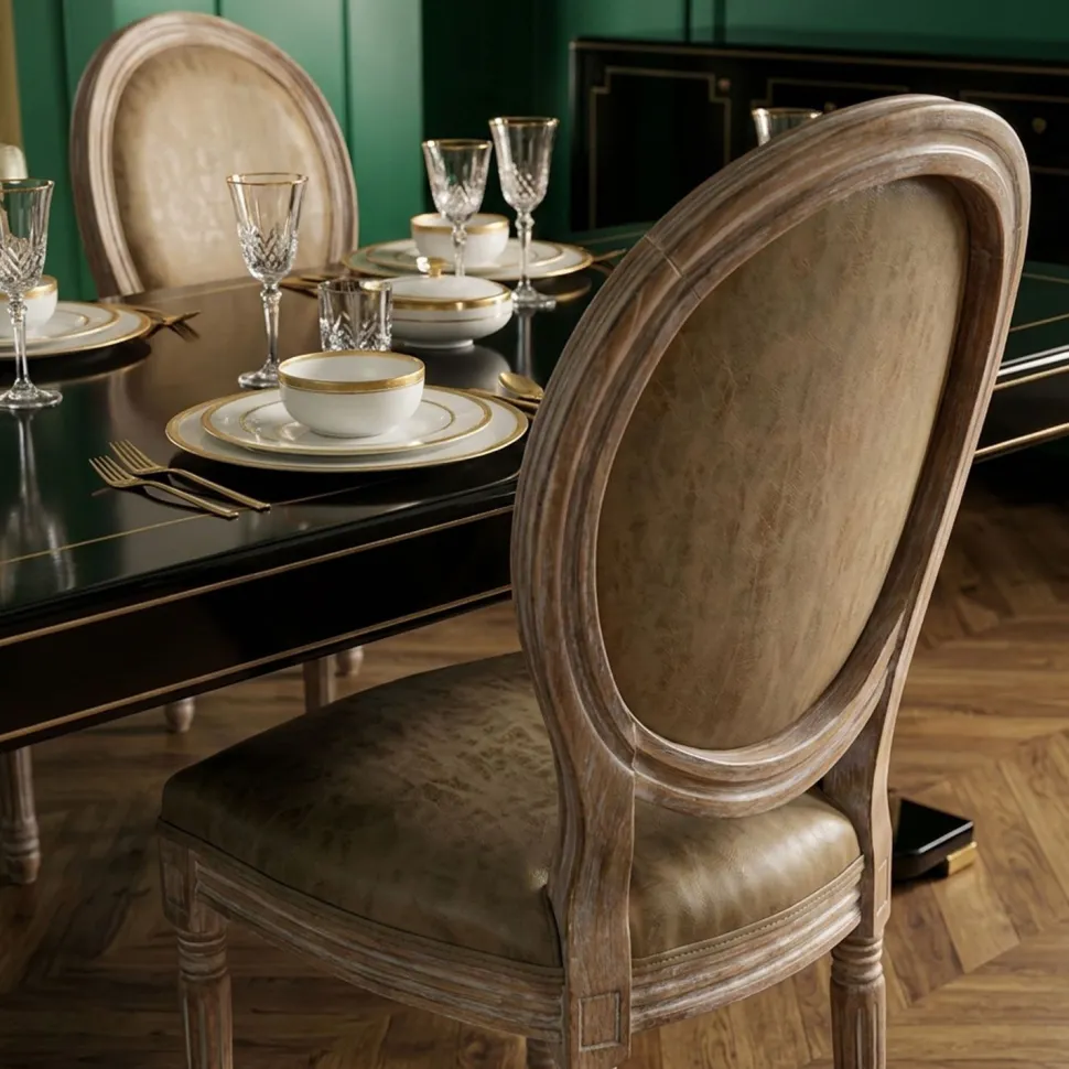 Lot de 2 chaises de style médaillon Louis XVI Bois massif patiné et Simili Taupe