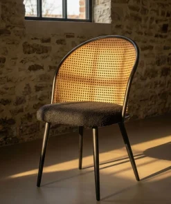 Lot de 2 chaises design Showan avec cannage Rotin et Tissu bouclette Noir