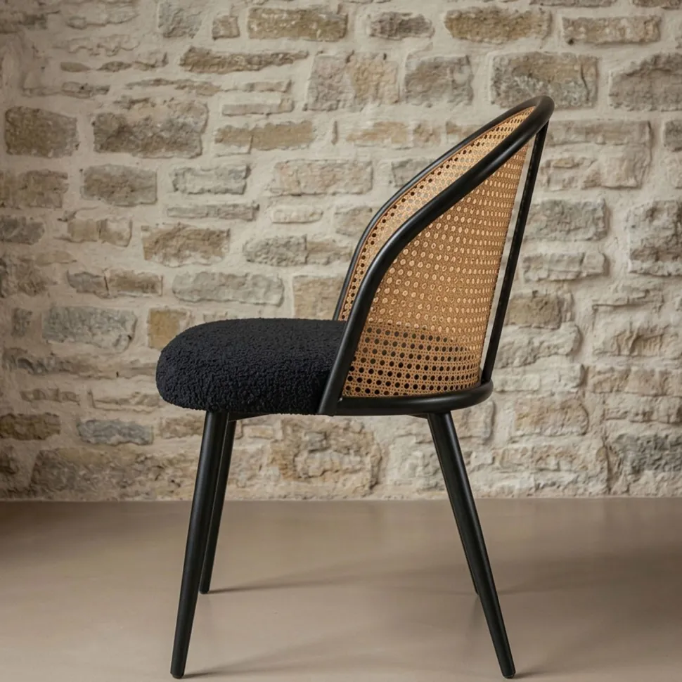 Lot de 2 chaises design Showan avec cannage Rotin et Tissu bouclette Noir