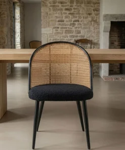 Lot de 2 chaises design Showan avec cannage Rotin et Tissu bouclette Noir