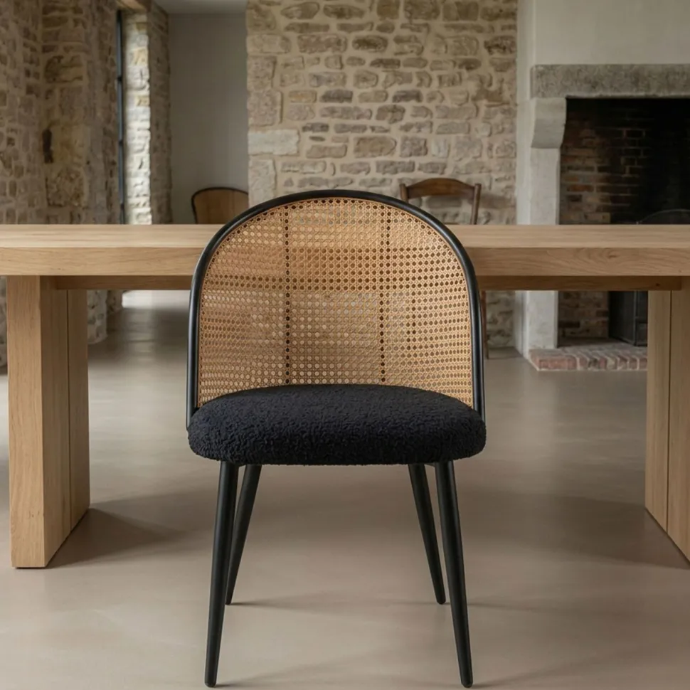 Lot de 2 chaises design Showan avec cannage Rotin et Tissu bouclette Noir