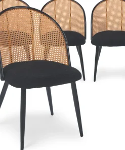 Lot de 4 chaises design Showan avec cannage Rotin et Tissu bouclette Noir