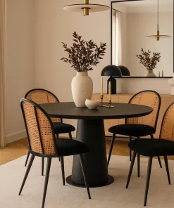 Lot de 4 chaises design Showan avec cannage Rotin et Tissu bouclette Noir