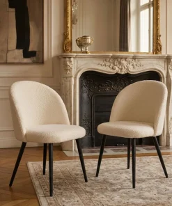 Lot de 2 chaises Maury Métal noir et Tissu bouclette Crème