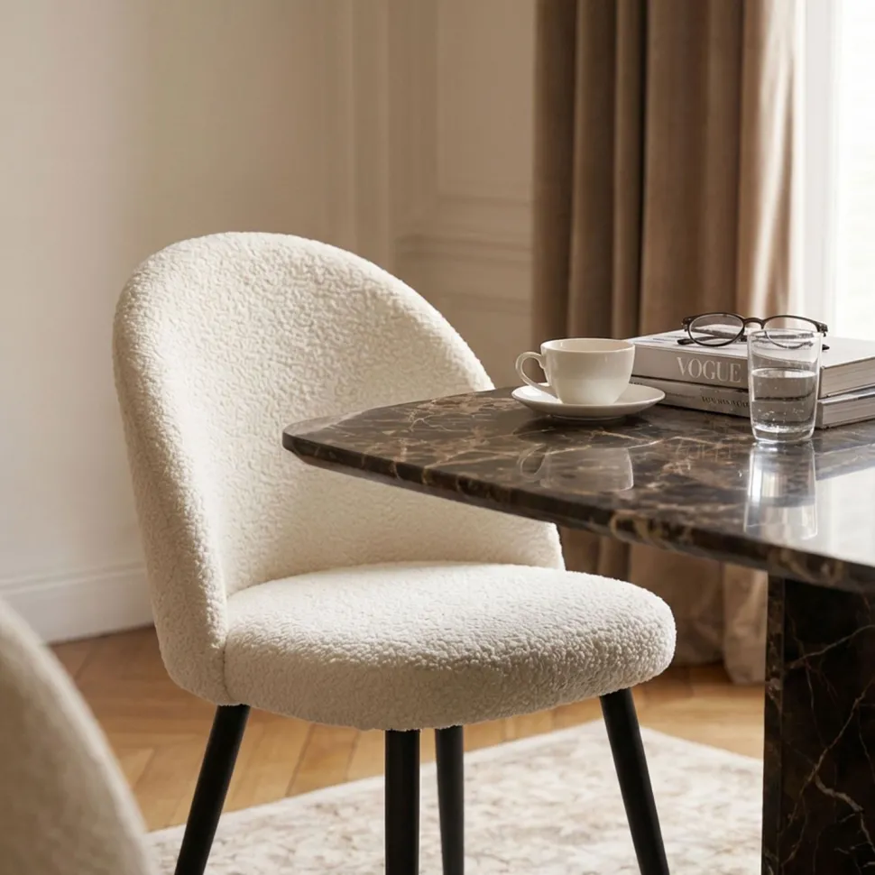 Lot de 2 chaises Maury Métal noir et Tissu bouclette Crème