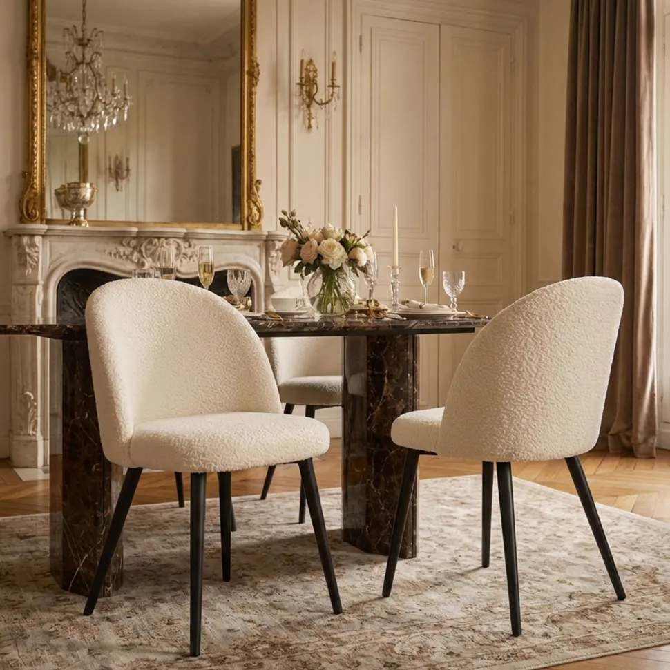 Lot de 2 chaises Maury Métal noir et Tissu bouclette Crème