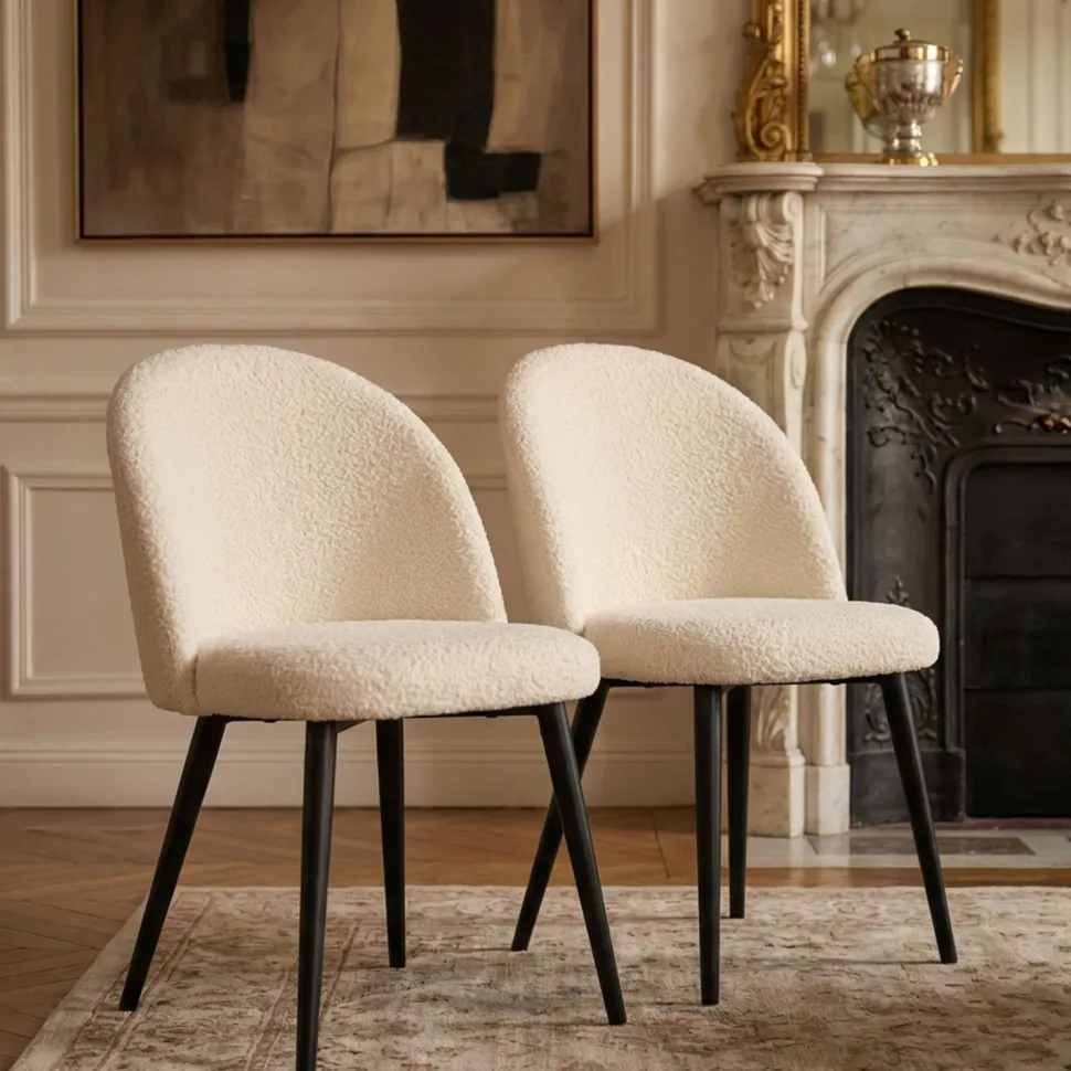 Lot de 2 chaises Maury Métal noir et Tissu bouclette Crème