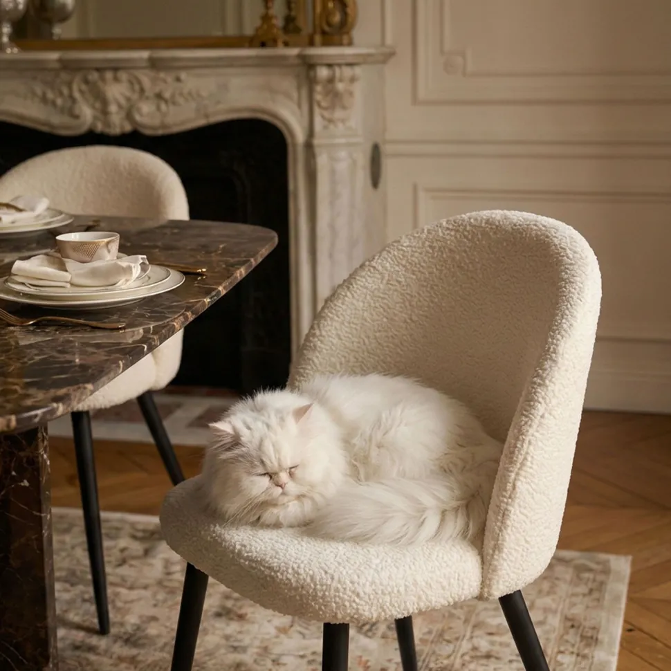 Lot de 2 chaises Maury Métal noir et Tissu bouclette Crème