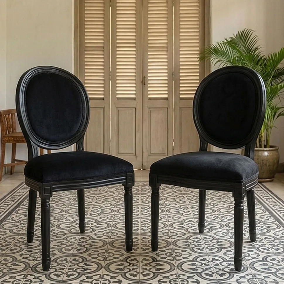 Lot de 2 chaises médaillon Louis XVI Black Bois massif et Velours Noir