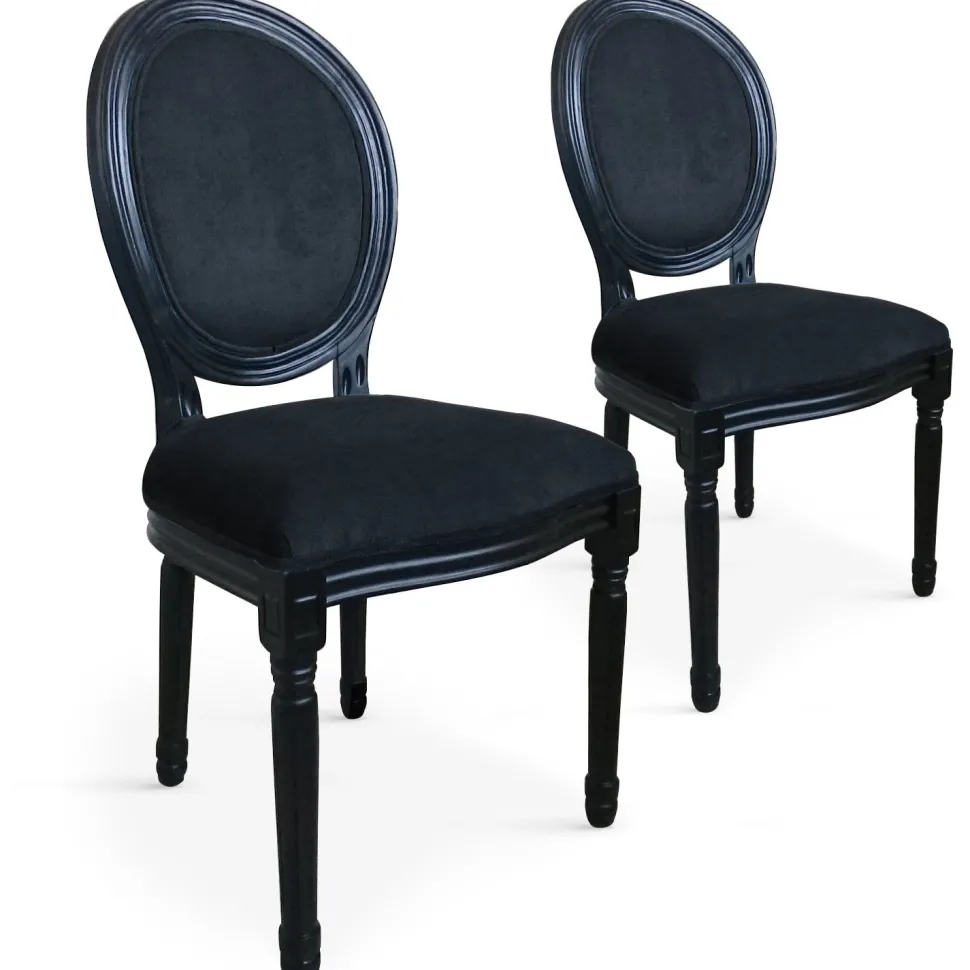 Lot de 2 chaises médaillon Louis XVI Black Bois massif et Velours Noir