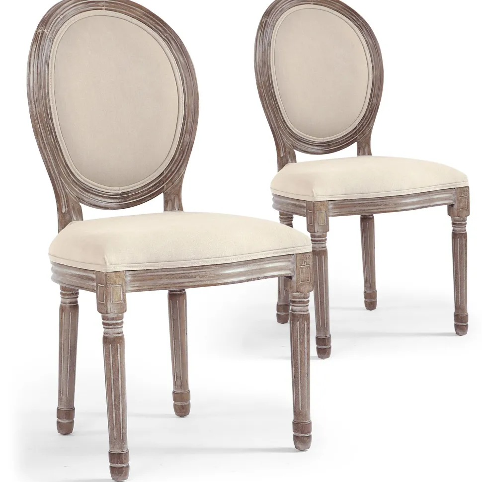 Lot de 2 chaises médaillon style Louis XVI Bois massif patiné et Tissu Beige
