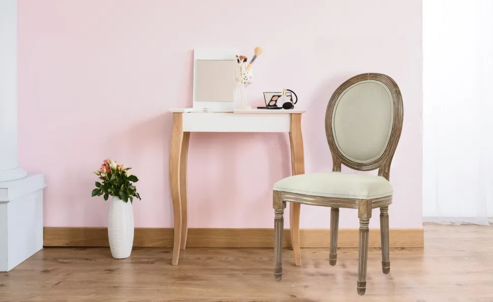 Lot de 2 chaises médaillon style Louis XVI Bois massif patiné et Tissu Beige
